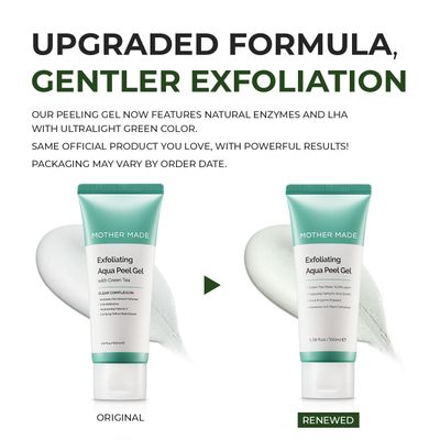 MOTHER MADE Exfoliating Vegan Facial Peeling Gel with Green Tea, Vitamin E, Hyaluronic Acid, 3.38 fl. oz.| Gentle Natural Face Scrub Exfoliator, Cleansing, Physical Peel, Korean Skincare