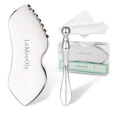 LeMeeOly Stainless Steel GuaSha &amp; Eye Cream Applicator Facial Tools, Metal Guasha for Face Neck, Eye Massager Tool, Lymphatic Drainage Face Massage Tool, Skin Care Gift