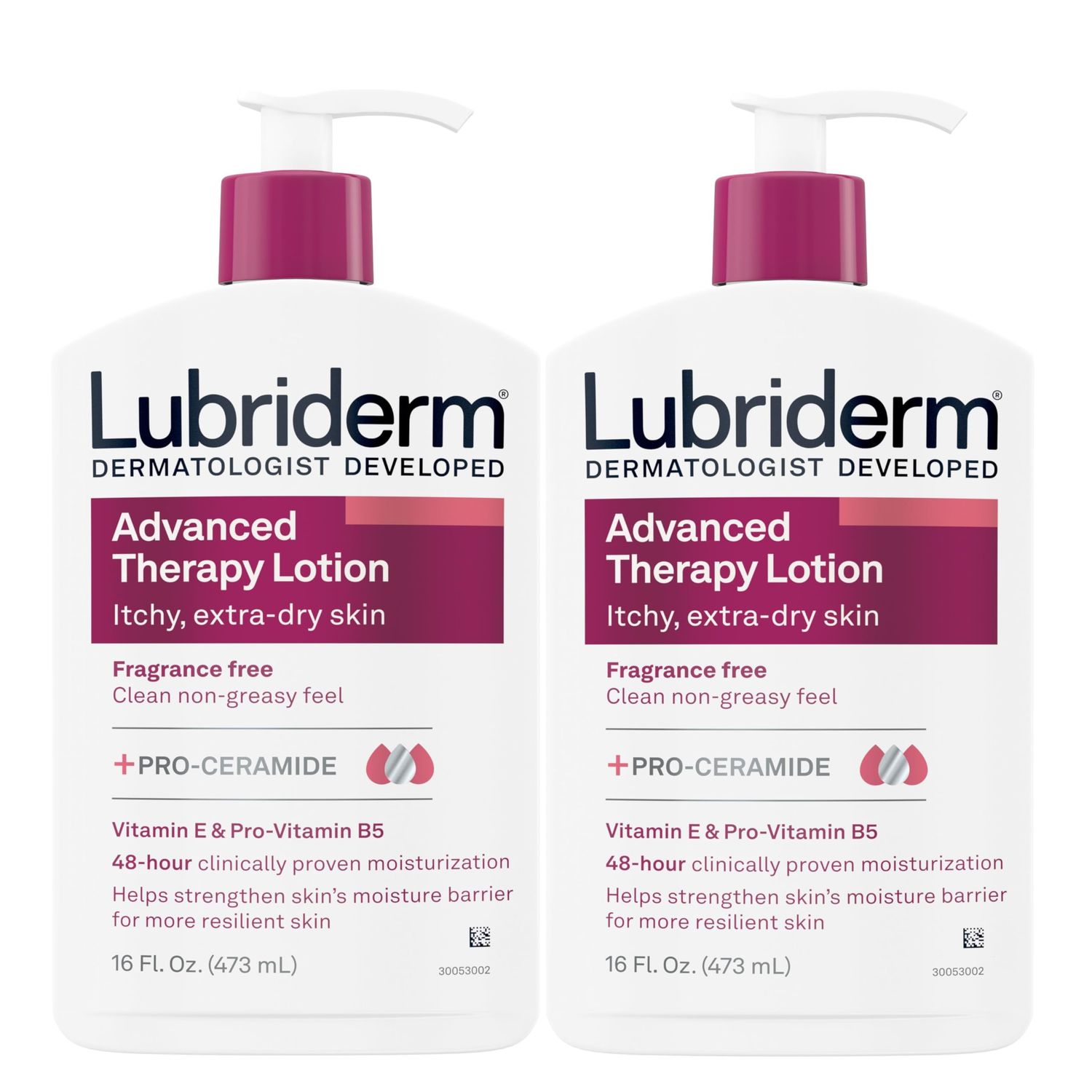 Lubriderm Advanced Therapy Fragrance Free Moisturizing Hand &amp; Body Lotion + Pro-Ceramide with Vitamins E &amp; Pro-Vitamin B5, Intense Hydration for Extra Dry Skin, 16 fl. oz, 2 Pack