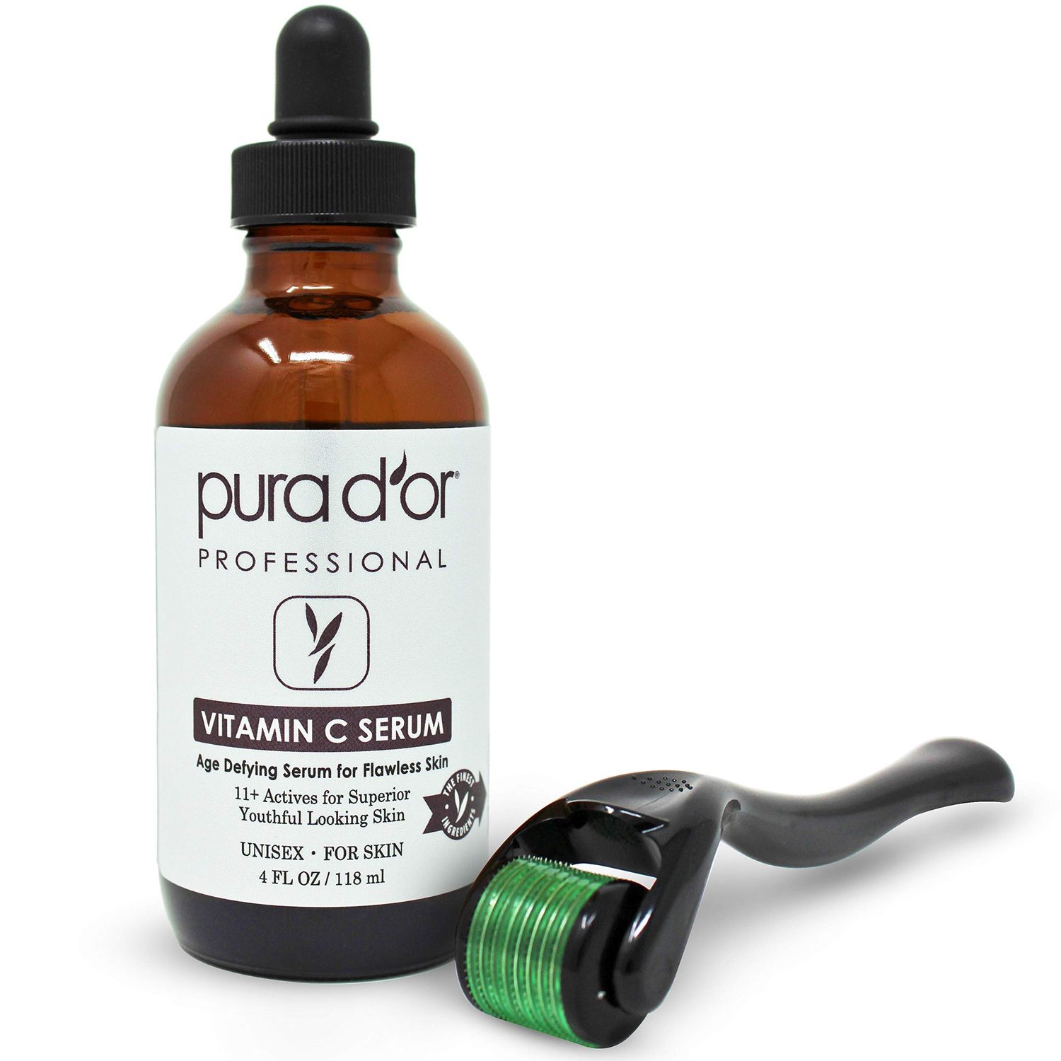 PURA D&#39;OR 25% Vitamin C Serum 4 Oz + 0.25mm Derma Roller Set - Hyaluronic Acid &amp; Retinol Microdermabrasion Skin Care Cosmetic Kit For Face &amp; Eyes, Dark Spots - For Men &amp; Women