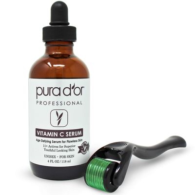 PURA D&#39;OR 25% Vitamin C Serum 4 Oz + 0.25mm Derma Roller Set - Hyaluronic Acid &amp; Retinol Microdermabrasion Skin Care Cosmetic Kit For Face &amp; Eyes, Dark Spots - For Men &amp; Women