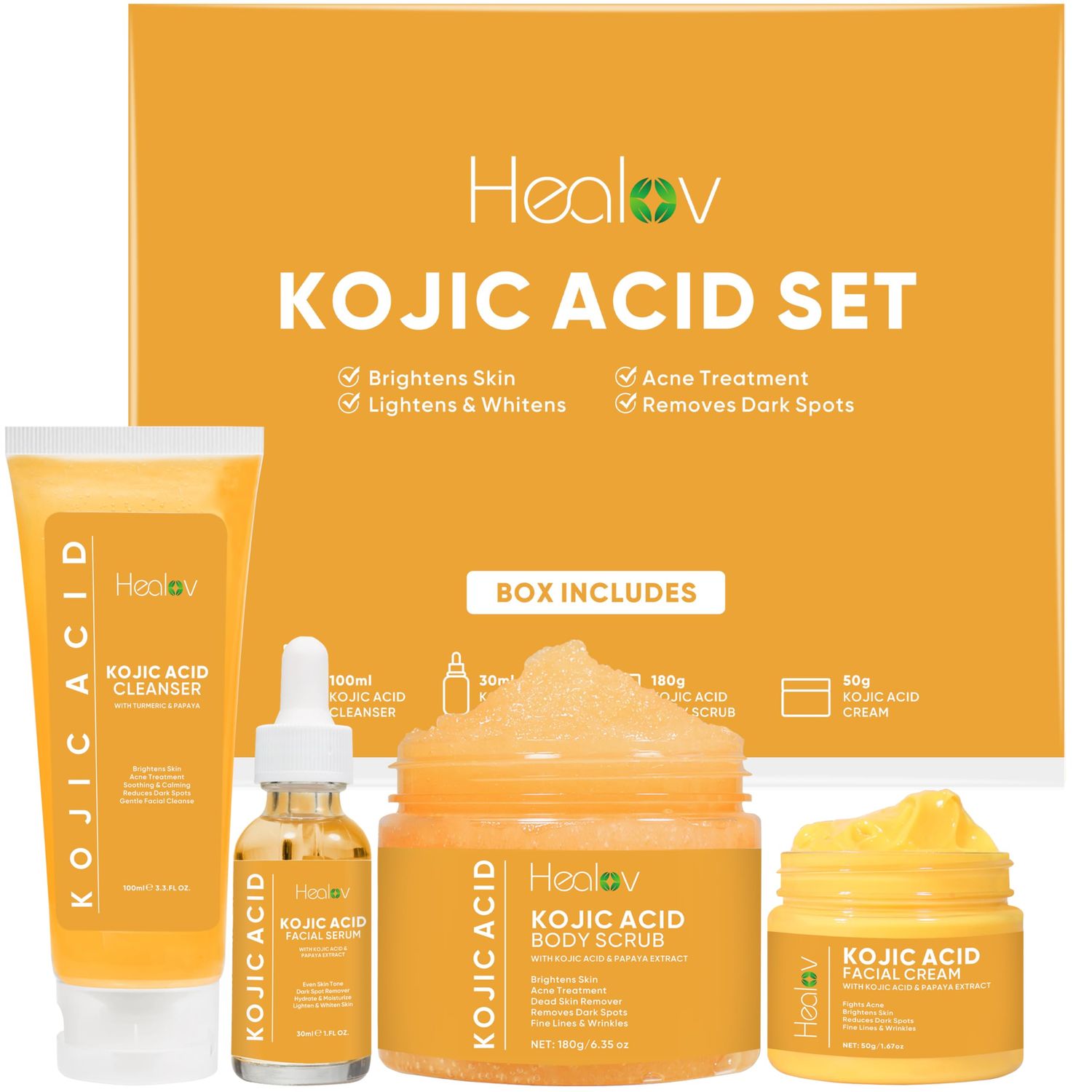 Kojic Acid Skincare Set - Kojic Soap Cleanser, Exfoliating Body Scrub, Face Cream &amp; Brightening Facial Serum - Skin Brightening Hyperpigmentation Treatment, Dark Spot Corrector - with Turmeric Papaya