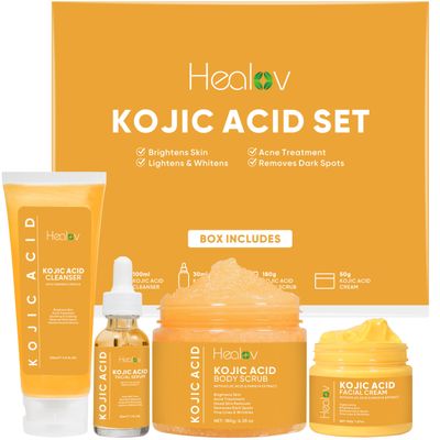 Kojic Acid Skincare Set - Kojic Soap Cleanser, Exfoliating Body Scrub, Face Cream &amp; Brightening Facial Serum - Skin Brightening Hyperpigmentation Treatment, Dark Spot Corrector - with Turmeric Papaya