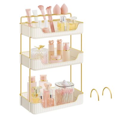 SONGMICS Makeup Organizer, 3-Tier Skincare Organizer Countertop, Customizable, 2 Types of Accessories, Jewelry Holder, for Vanity, Bedroom, Bathroom, Cloud White UJKA013W02