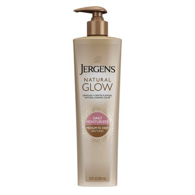 Jergens Natural Glow Self Tanner Body Lotion, Sunless Tanning, Medium to Deep Skin Tone, Daily Moisturizer with Coconut Oil, Vitamin E and Antioxidants 10 Oz