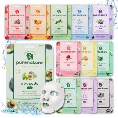 PB&amp;Jay Purenature Hydrate and Calm Facial Mask - 12 Pack Acai Berry,Vita c,retinol and more, Made in Korea, Face Mask Skincare for Hydration, Skincare Face Mask, Moisturizing Mask for Sensitive Skin