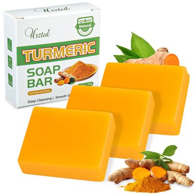 URZTUL 3 PCS Turmeric Soap Bar, Organic Tumeric Bar Soap for Face &amp; Body Cleansing, Handmade Body Bath Soap Body Smooth Skin Moisturizing Soothing, For All Skin Types, Men and Women