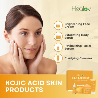 Kojic Acid Skincare Set - Kojic Soap Cleanser, Exfoliating Body Scrub, Face Cream & Brightening Facial Serum - Skin Brightening Hyperpigmentation Treatment, Dark Spot Corrector - with Turmeric Papaya