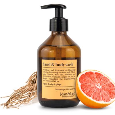 Jean &amp; Len Hand &amp; Body Wash Blood Orange &amp; Vetiver, cleanses and cares for the skin while washing, fruity-woody fragrance, shower gel &amp; soap, without silicones, vegan, glass bottle 10.14 Fl. Oz.