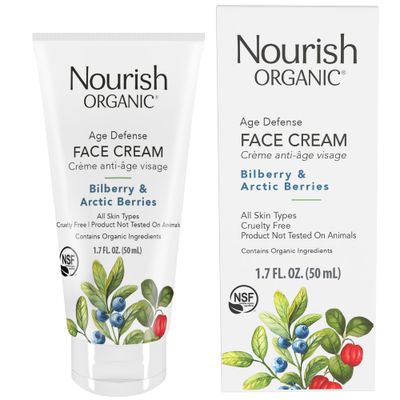 Nourish Organic Face Cream, Bilberry &amp; Arctic Berries - Age Defense Formula with Aloe Vera &amp; Borage Oil, 1.7 Oz + Washable Cotton Round