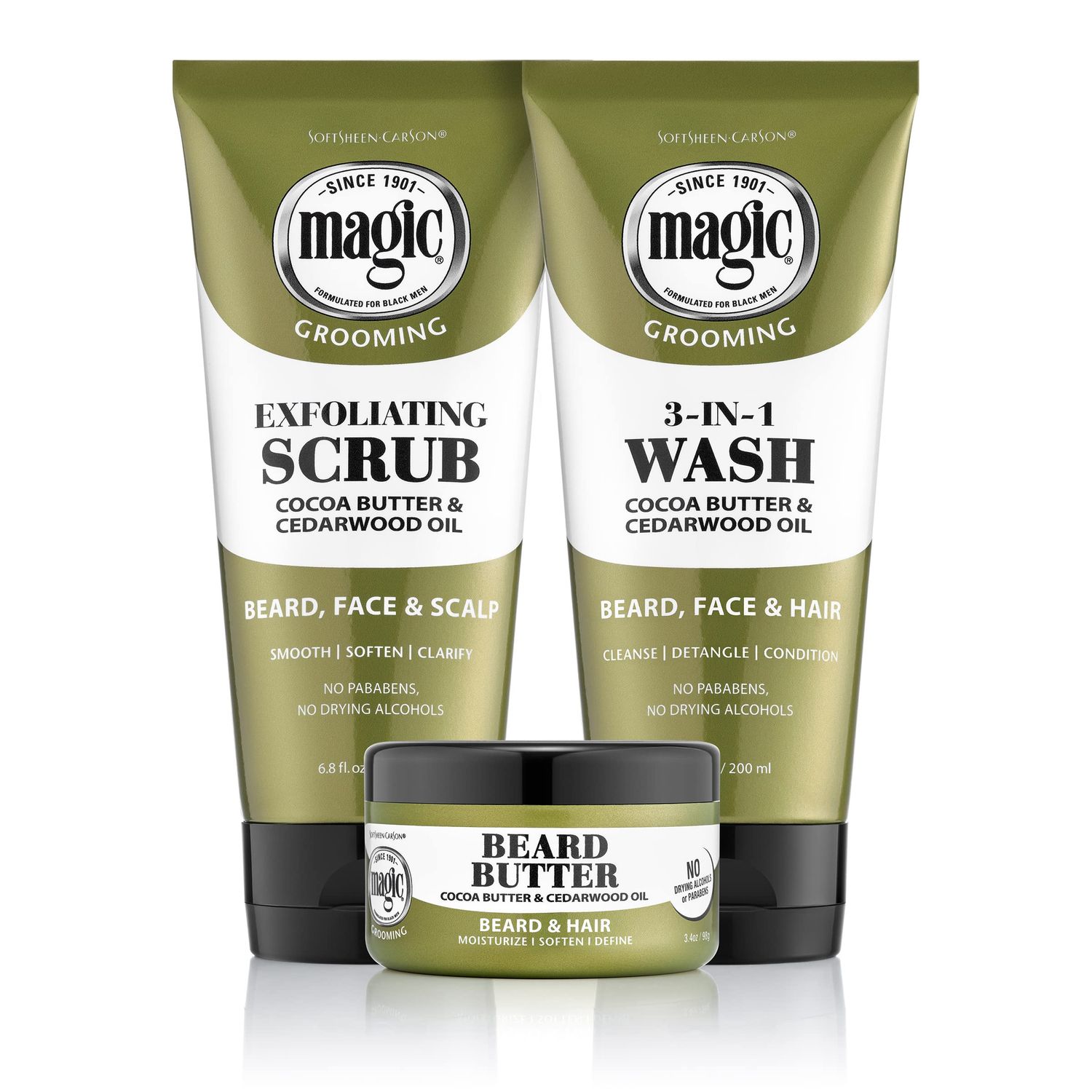 Softsheen-Carson Magic - Shaving Beard Grooming Kit for Men with Cedarwood Oil- Beard Butter, Scrub and Cleanser- Gift Set for Beard, Face &amp; Hair Care, 1 kit