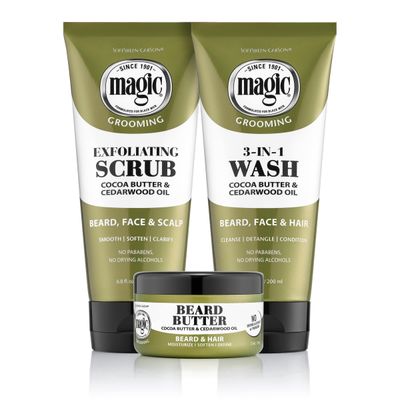 Softsheen-Carson Magic - Shaving Beard Grooming Kit for Men with Cedarwood Oil- Beard Butter, Scrub and Cleanser- Gift Set for Beard, Face &amp; Hair Care, 1 kit