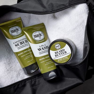 Softsheen-Carson Magic - Shaving Beard Grooming Kit for Men with Cedarwood Oil- Beard Butter, Scrub and Cleanser- Gift Set for Beard, Face &amp; Hair Care, 1 kit