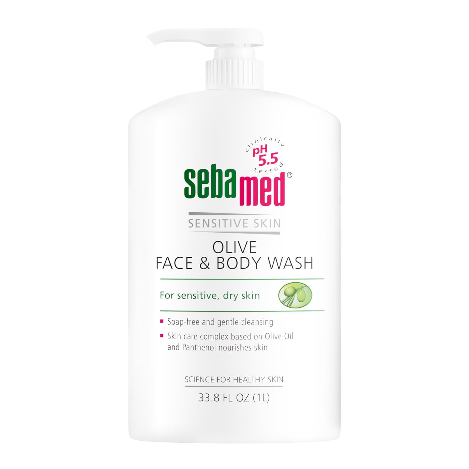 Sebamed Olive Face and Body Wash With Pump for Sensitive and Delicate Skin pH 5.5 Ultra Mild Dermatologist Recommended Cleanser 33.8 Fluid Ounces (1 Liter)