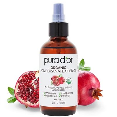 PURA D&#39;OR 4 Oz Organic Pomegranate Oil - 100% Pure USDA Certified Premium Grade Cold Pressed Pomegranate Oil - Organic Body Oil For Hair, Face, &amp; Skin - Hair Moisturizer Pure Cleansing Oil - Scar Oil