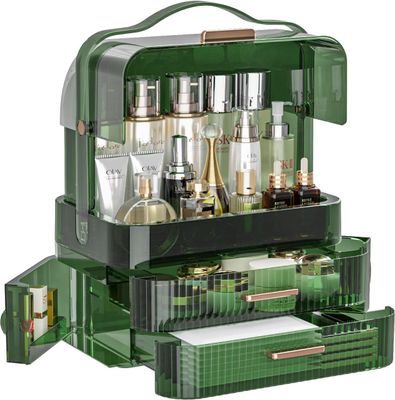 Makeup Organizer, Waterproof &amp; Dustproof Cosmetic Display Cases with 2-Layer and Transparent Cover, Skincare Display Boxes,Makeup Caddy Holder for Vanity Countertop, Bathroom, Dresser, Bedroom, Green