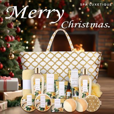 Spa Luxetique Gift Baskets for Women,15 Pcs Vanilla Spa Gifts for Women, Gifts for Women with Bubble Bath, Bath Salt, Bath Bombs Christmas Gift Baskets With Tote Bag, Spa Baskets for Women Gift