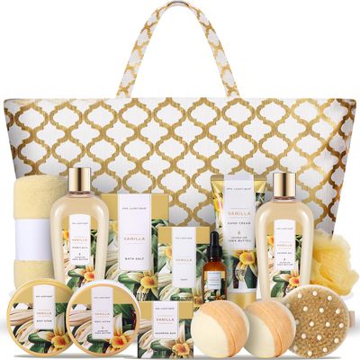 Spa Luxetique Gift Baskets for Women,15 Pcs Vanilla Spa Gifts for Women, Gifts for Women with Bubble Bath, Bath Salt, Bath Bombs Christmas Gift Baskets With Tote Bag, Spa Baskets for Women Gift