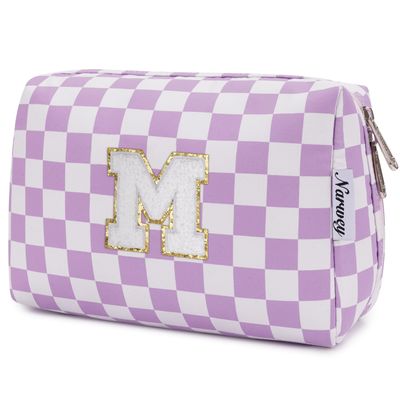 Narwey Christmas Gifts for Girls Personalized Initial Checkered Makeup Bag Cosmetic Bag gifts for teen girls Trendy Stuff 11 12 13 14 16 18 years old Travel Toiletry Bag Organizer for Women (Purple M)