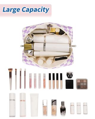 Narwey Christmas Gifts for Girls Personalized Initial Checkered Makeup Bag Cosmetic Bag gifts for teen girls Trendy Stuff 11 12 13 14 16 18 years old Travel Toiletry Bag Organizer for Women (Purple M)