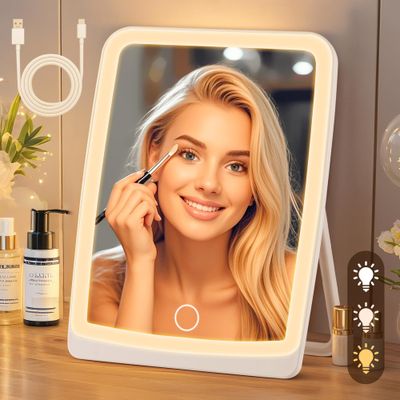 LIVELYGLOW Compact Rechargeable Makeup Mirror with Type-C Cable, 3-Color Lighting, Dimmable Touch Screen, 90 Rotation - Perfect Lighted Travel and Tabletop Cosmetic Accessory-White