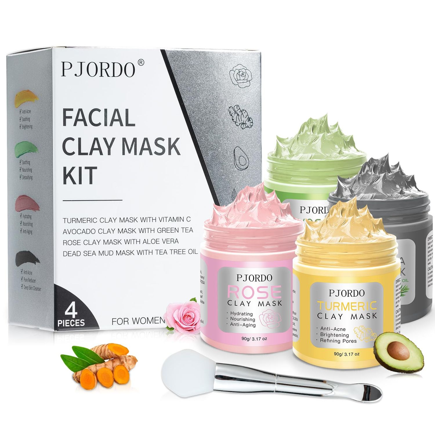 Pjordo 4 Pcs Clay Mask Set (360g), Turmeric Vitamin C Clay Mask, Dead Sea Mud Mask, Avocado Clay Mask, Rose Clay Mask, Face Mask Skin Care Set, Gifts For Women Girls, 2.82 Oz Each