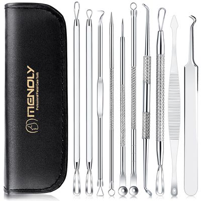 MENOLY Pimple Popper Tool Kit 10 Pcs, Pimple Blackhead Remover Tool Zit Popper for Blemish, Pimple Comedone Extractor Acne Tool for Blackheads, Acnes, Whiteheads Nose Face Tools with Leather Bag