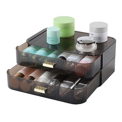 OSteed Makeup Organizer 2 Drawers for Vanity, Black Bathroom Counter Organizer and Storage Drawers, Stackable Cosmetic Organizer Countertop for Skincare Desk, Dresser &amp; Toiletry