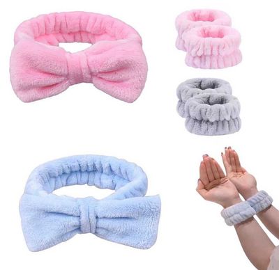 Spa Headband for Washing Face and Matching Wristbands, 6pcs Towel Wristbands Hair Headband Face Wash Wristband for Women Girls Makeup Prevent Liquids from Spilling Down Your Arms (Pink Blue Grey)