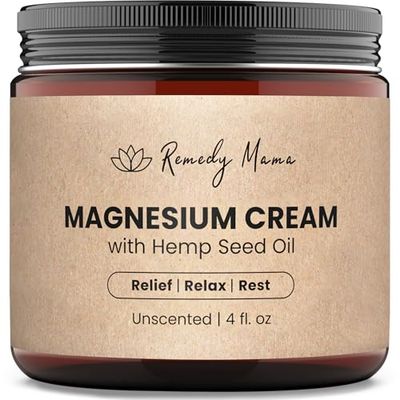 Remedy Mama Magnesium Cream for Sleep, Muscle Soreness &amp; Cramps Relief with Hemp Seed Oil, Vitamin E, Shea Butter - Topical Magnesium Lotion for Calm &amp; Relaxation - Unscented - 4fl oz - Made in Canada