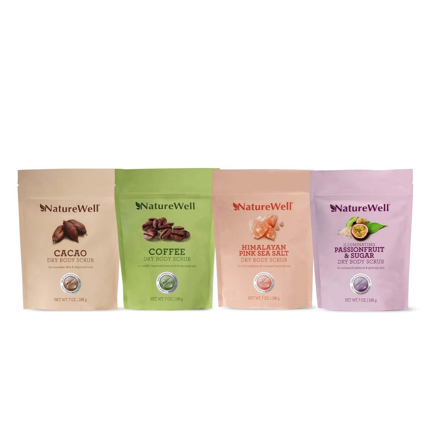 NATURE WELL Exfoliating Scented Dry Body Scrub Variety Pack, Includes 4 Different Scents, Gentle Exfoliation for Hands, Legs, Feet &amp; Body, Just Add Water, Travel Friendly, 7 Ounces, Pack of 4