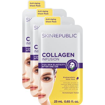 Skin Republic Face Mask Sheets 3 Pack, Korean Skincare Formulated for all Skin Types. (Collagen Infusion Mask)