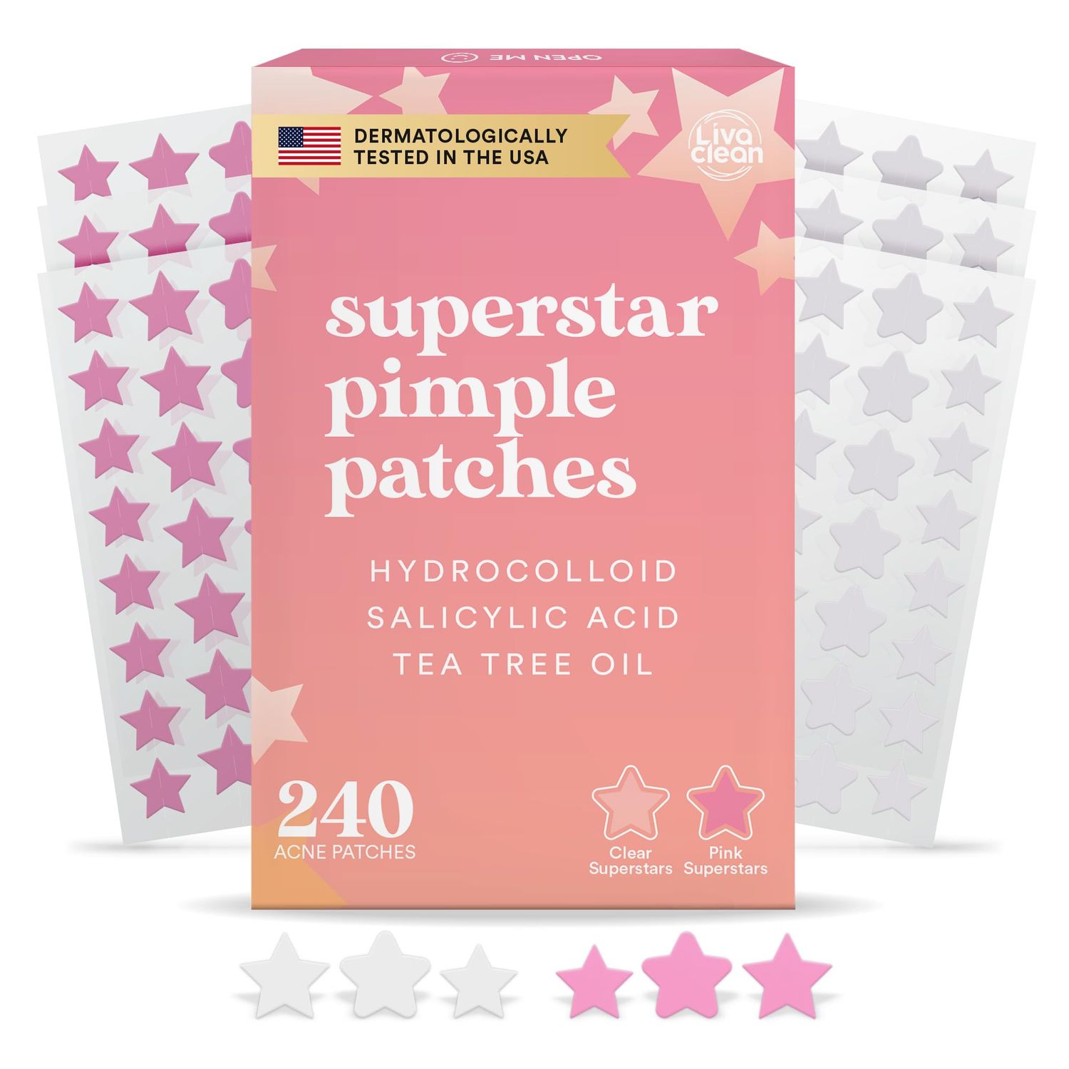 LivaClean Star Blemish Patches (240CT) - Salicylic Acid &amp; Tea Tree Oil - Clear &amp; Pink Pimple Patch Cute - Acne Patches Star - Cute Pimple Patches - Star Pimple Patches for Face - Star Pimple Patches