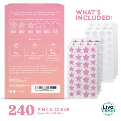 LivaClean Star Blemish Patches (240CT) - Salicylic Acid & Tea Tree Oil - Clear & Pink Pimple Patch Cute - Acne Patches Star - Cute Pimple Patches - Star Pimple Patches for Face - Star Pimple Patches