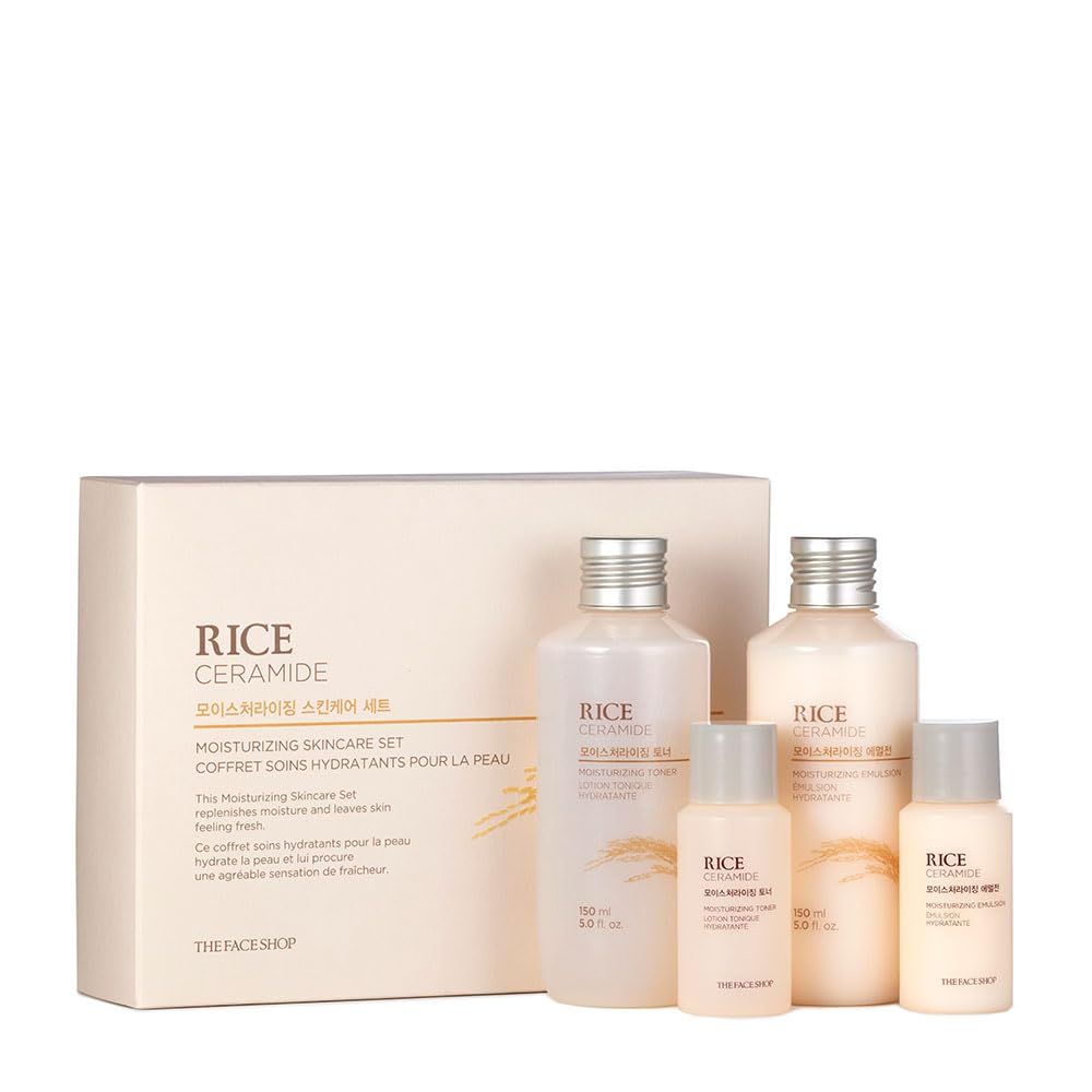 The Face Shop Rice Ceramide Moisturizing Skincare Set - Toner &amp; Moisturizer, Korean Skin Care with Rice Water, Gift Set, Travel Size, Hydrating for Dry Skin