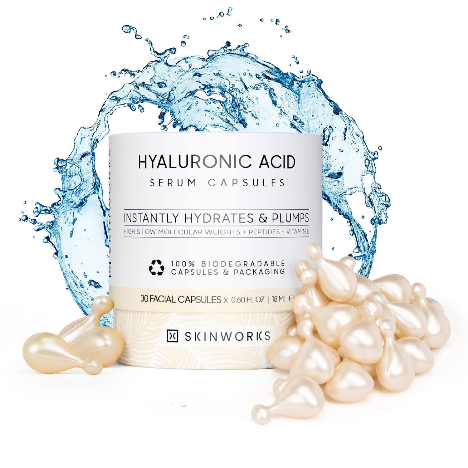 SKINWORKS Hyaluronic Acid Serum for Face, Anti Aging Serum for Fine Lines &amp; Wrinkles, Hydrating Glow Serum, Face Moisturizer Plump &amp; Repair Dry Skin, Unscented, 30 Capsules