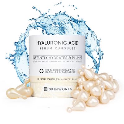 SKINWORKS Hyaluronic Acid Serum for Face, Anti Aging Serum for Fine Lines &amp; Wrinkles, Hydrating Glow Serum, Face Moisturizer Plump &amp; Repair Dry Skin, Unscented, 30 Capsules