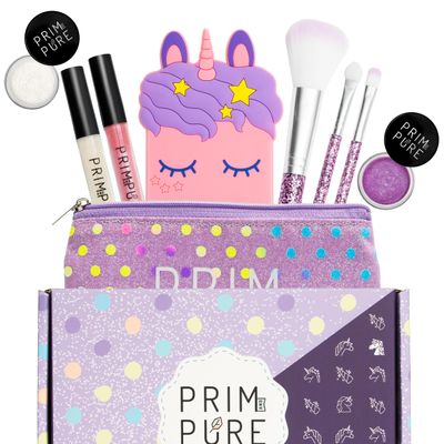 Prim and Pure Mineral Gift Set with Unicorn Mirror| Perfect for Play Dates &amp; Birthday Parties | Kids Eyeshadow Makeup - Mineral | Organic &amp; Natural Makeup Kit for Kids| Made in USA (Purple)