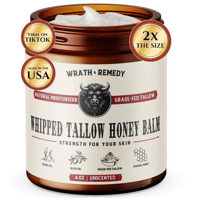 Wrath &amp; Remedy Handmade Whipped Organic Beef Tallow for Skin - 4 OZ (Unscented) - Grass Fed Beef Tallow Moisturizer and Honey Balm for Silky, Sensitive-Skin, Eczema, Rosacea - Free of Harsh Chemicals