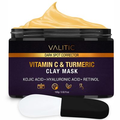 VALITIC Vitamin C &amp; Turmeric Clay Mask - Dark Spot Corrector with Kojic Acid, Hyaluronic Acid &amp; Retinol - Skin Care Routine for Minimizing Pores &amp; Blackheads - with Applicator Brush - 100g