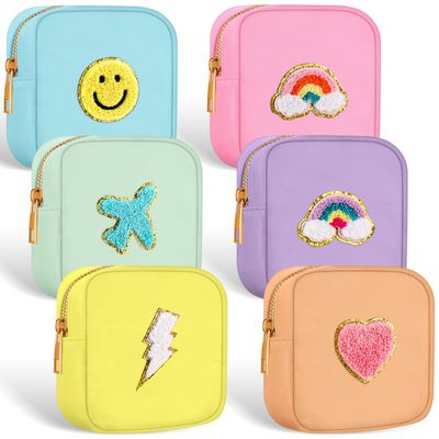 Zubebe 6 Pcs Preppy Patch Cute Makeup Bags Toiletry Bags Skincare Bag Chenille Letter Nylon Bag for Purse Small Zipper Cosmetic Makeup Pouch Preppy Things for Travel (Fresh Color)