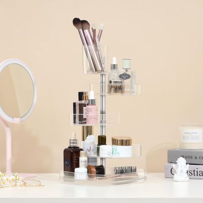 Rotating Makeup Organizer with 4 Tier Spinning Cosmetic Organizer Countertop, Adjustable Skincare Storage, Brush Holder, Perfume Tray, and Jewelry Display Case