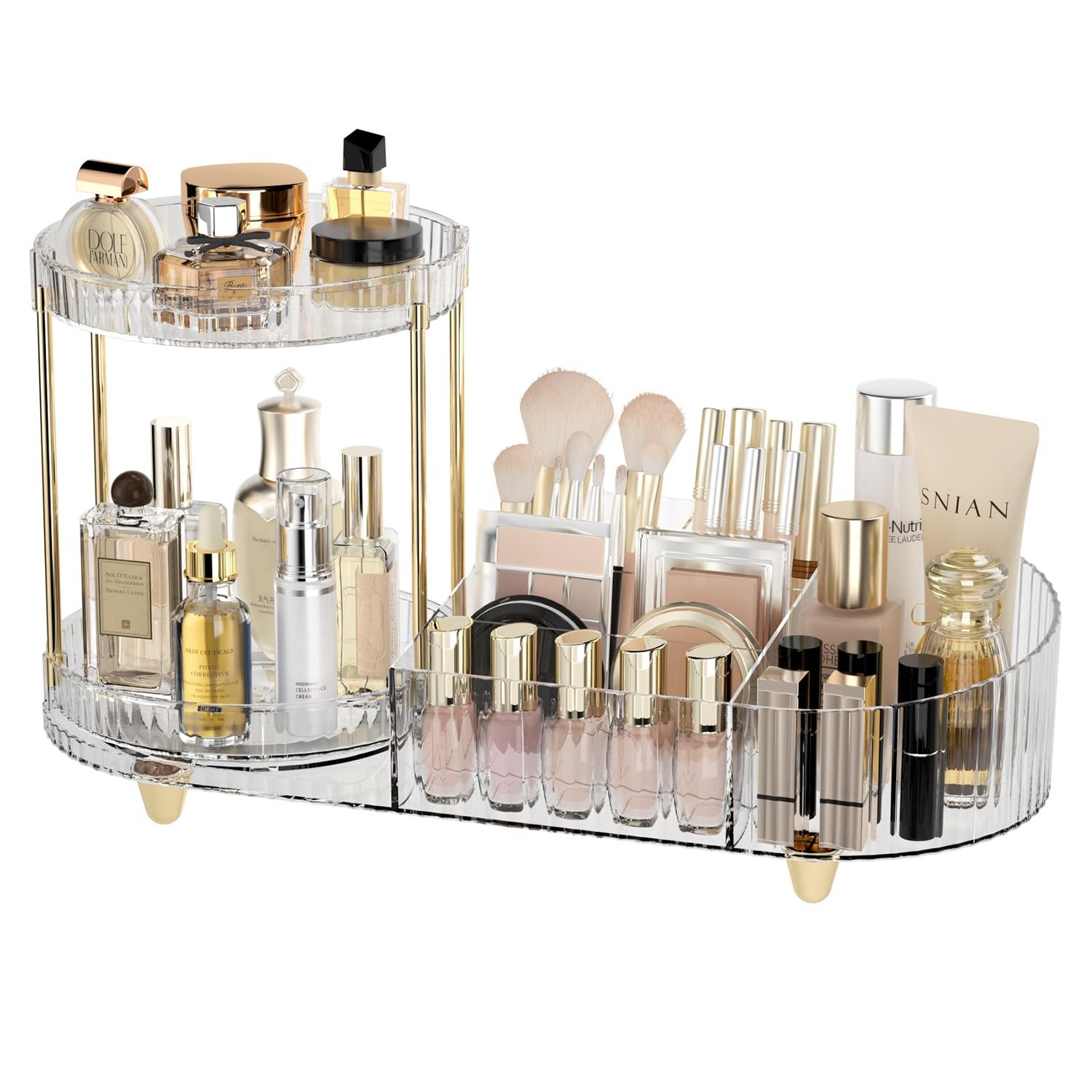 Lulltou Rotating Makeup Organizer Countertop with Perfume Tray for Vanity, 2-in-1 Cosmetic Organizer and Storage Holder, Large Desk Makeup and Skincare Organizers for Counter Bathroom Dresser