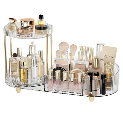 Lulltou Rotating Makeup Organizer Countertop with Perfume Tray for Vanity, 2-in-1 Cosmetic Organizer and Storage Holder, Large Desk Makeup and Skincare Organizers for Counter Bathroom Dresser