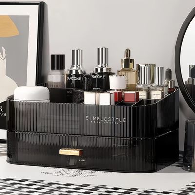 Makeup Organizer for Vanity, Large Desk Organizer with Stackable Drawer for Cosmetics, Skincare, Lipsticks, Palette, Nail Care, Ideal Storage for Dresser and Bathroom Countertop- Black