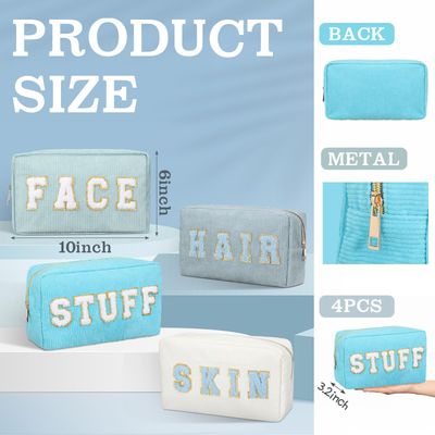 Pinkunn 4 Pcs Preppy Makeup Bags Christmas Chenille Letter Bag Face Skin Hair Stuff Cosmetic Bag Corduroy Makeup Pouch with Zipper Birthday Gifts for Women(Blue Series Colors)