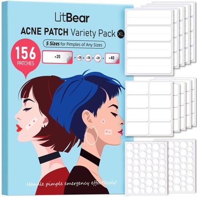 LitBear Large Pimple Patches, 5 Sizes 156 Patches Big Acne Patches, 60 XL Hydrocolloid Bandages for Full Face, Forehead, Chin, Nose, Body, Back, Neck &amp; Chest, Stirp, Square Large hydrocolloid Patch