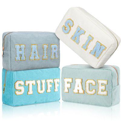 Pinkunn 4 Pcs Preppy Makeup Bags Christmas Chenille Letter Bag Face Skin Hair Stuff Cosmetic Bag Corduroy Makeup Pouch with Zipper Birthday Gifts for Women(Blue Series Colors)