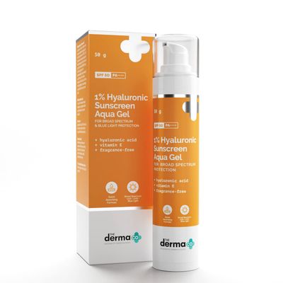The Derma Co 1% Hyaluronic Sunscreen Aqua Gel with SPF 50 &amp; PA++++ | Broad Spectrum UVA/B &amp; Blue Light Protection | Lightweight &amp; Quick Absorbing with Vitamin E | 1.76 Oz/50g