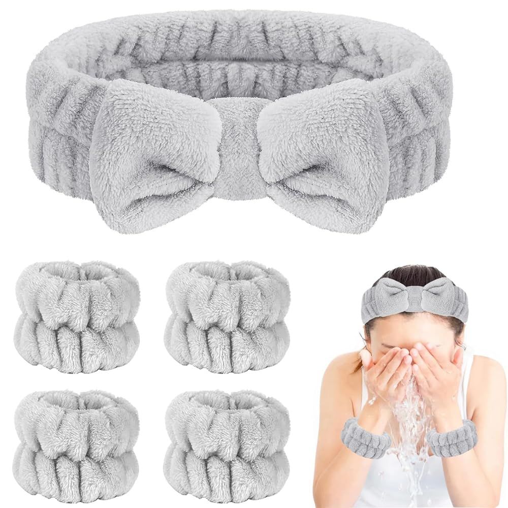 Seakcoik 5Pcs Face Wash Headband and Wristband Set for Women, Hair Band for Washing Face, Makeup, Skincare (Gray)